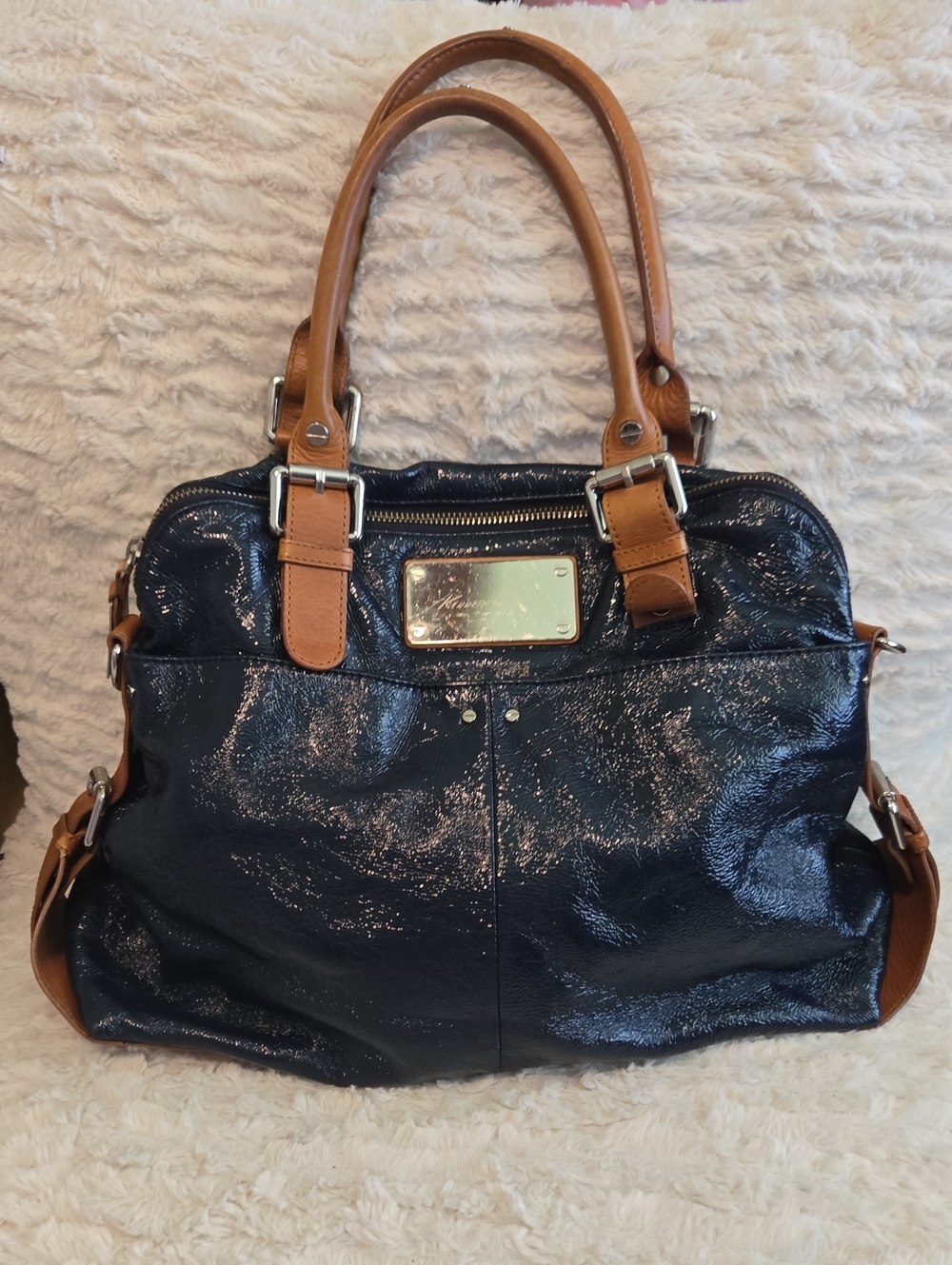 Kenneth Cole Navy Patent Satchel with Tan Handles